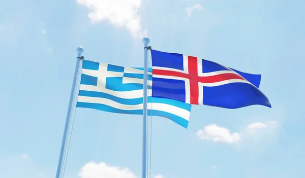 Islandia Grecia Dos Banderas Ondeando Contra Cielo Azul Imagen —  Fotos de Stock