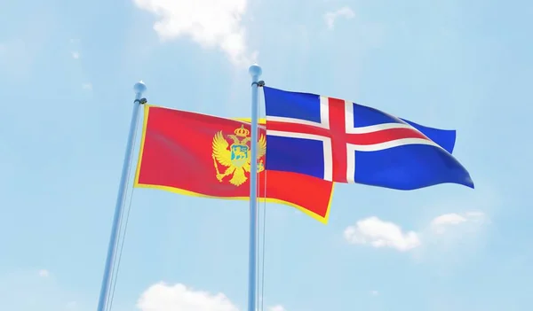 Iceland Montenegro Two Flags Waving Blue Sky Image — Stock Photo, Image