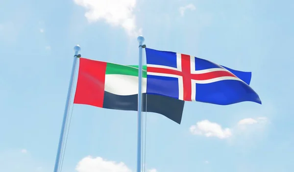 Islandia Los Emiratos Árabes Unidos Dos Banderas Ondeando Contra Cielo —  Fotos de Stock
