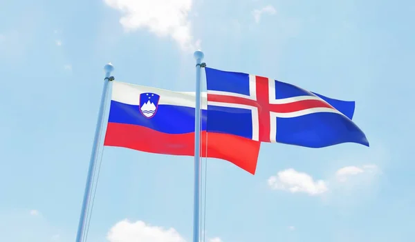 Iceland Slovenia Two Flags Waving Blue Sky Image — Stock Photo, Image