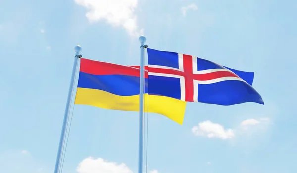 冰岛和亚美尼亚 两旗飘扬在蓝天上 — 图库照片