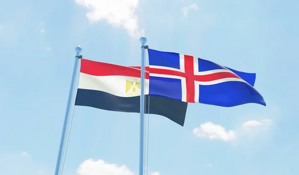 Iceland and Egypt, two flags waving against blue sky. 3d image