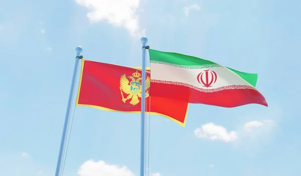 Iran Montenegro Twee Vlaggen Zwaaien Tegen Blauwe Hemel Afbeelding — Stockfoto