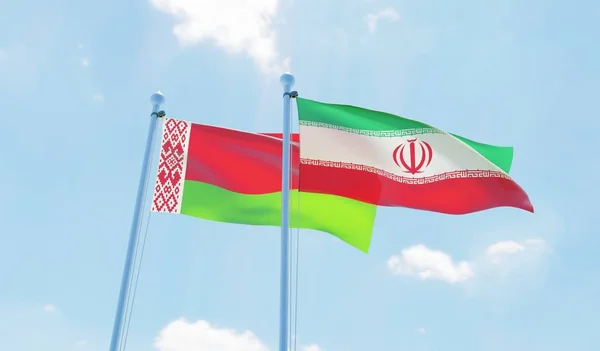 Iran Wit Rusland Twee Vlaggen Zwaaien Tegen Blauwe Hemel Afbeelding — Stockfoto