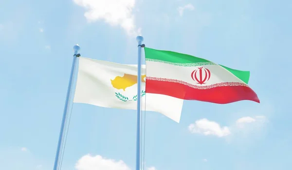 Iran Cyprus Twee Vlaggen Zwaaien Tegen Blauwe Hemel Afbeelding — Stockfoto
