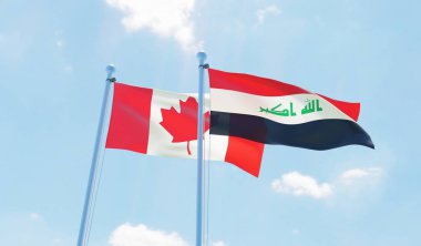 Irak ve Kanada, iki bayrak sallayarak karşı mavi gökyüzü. 3D görüntü