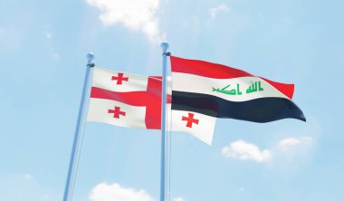 Irak ve Georgia, iki bayrak sallayarak karşı mavi gökyüzü. 3D görüntü