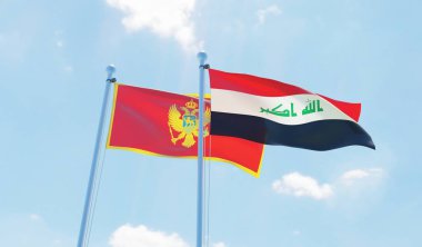 Irak ve Karadağ, iki bayrak sallayarak karşı mavi gökyüzü. 3D görüntü
