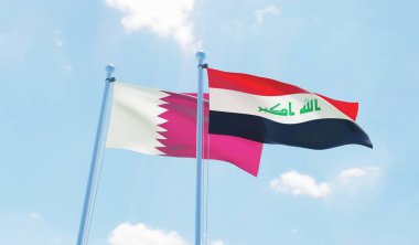Irak ve Katar, iki bayrak sallayarak karşı mavi gökyüzü. 3D görüntü