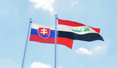 Irak ve Slovakya, iki bayrak sallayarak karşı mavi gökyüzü. 3D görüntü