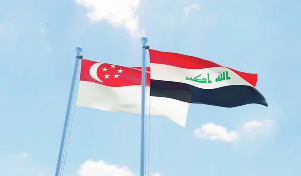 Iraku Singapur Dwie Flagi Macha Przeciw Błękitne Niebo Obraz — Zdjęcie stockowe