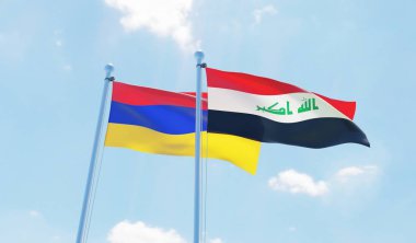 Irak ve Ermenistan, iki bayrak sallayarak karşı mavi gökyüzü. 3D görüntü