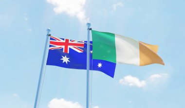 İrlanda ve Avustralya, iki bayrak sallayarak karşı mavi gökyüzü. 3D görüntü