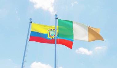 İrlanda ve Ekvador, iki bayrak sallayarak karşı mavi gökyüzü. 3D görüntü