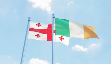 İrlanda ve Georgia, iki bayrak sallayarak karşı mavi gökyüzü. 3D görüntü