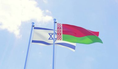 İsrail ve Beyaz Rusya, iki bayrak sallayarak karşı mavi gökyüzü. 3D görüntü