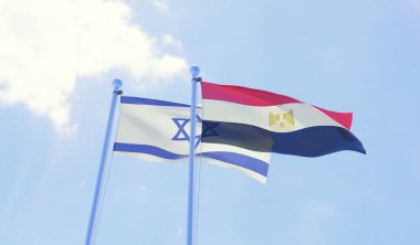 İsrail ve Mısır, iki bayrak sallayarak karşı mavi gökyüzü. 3D görüntü