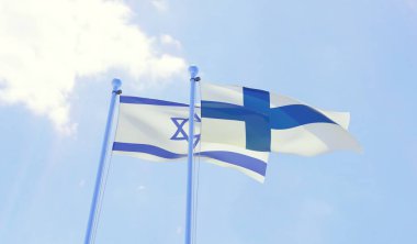 İsrail ve Finlandiya, iki bayrak sallayarak karşı mavi gökyüzü. 3D görüntü