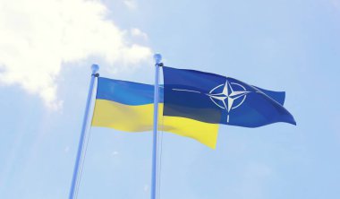 NATO ve Ukrayna, iki bayrak sallayarak karşı mavi gökyüzü. 3D görüntü
