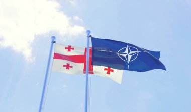 NATO ve Georgia, iki bayrak sallayarak karşı mavi gökyüzü. 3D görüntü