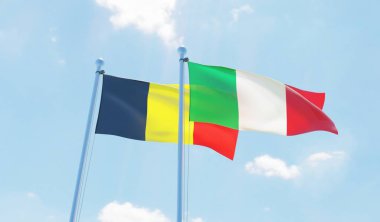 İtalya ve Belçika, iki bayrak sallayarak karşı mavi gökyüzü. 3D görüntü