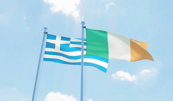 Irlanda Grecia Dos Banderas Ondeando Contra Cielo Azul Imagen —  Fotos de Stock