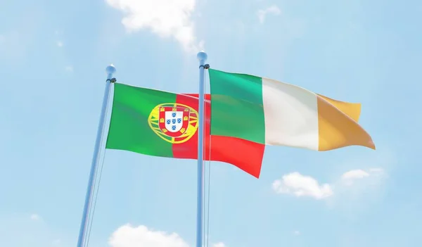 Irlanda Portugal Dos Banderas Ondeando Contra Cielo Azul Imagen —  Fotos de Stock