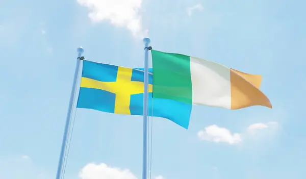 爱尔兰和瑞典 两个旗帜挥舞着蓝天 — 图库照片