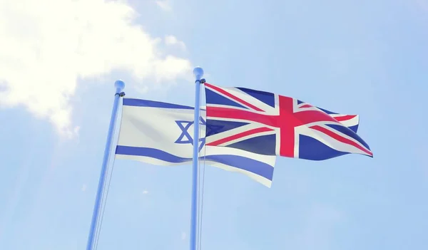 Израиль Великобритания Два Флага Размахивающих Голубым Небом Изображение — стоковое фото