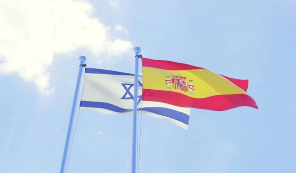 以色列和西班牙 两个旗帜挥舞着蓝天 — 图库照片