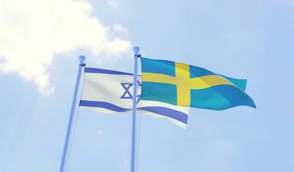 Israel Suecia Dos Banderas Ondeando Contra Cielo Azul Imagen —  Fotos de Stock