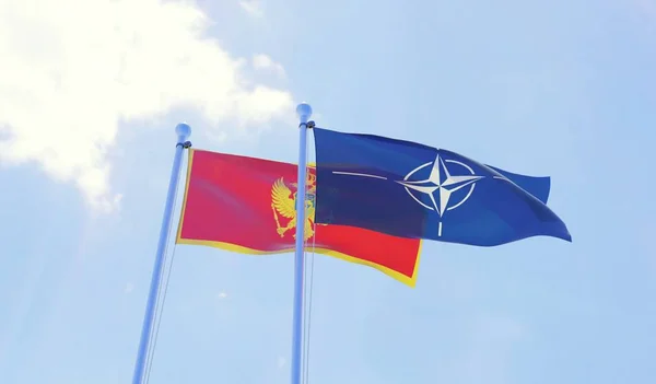 NATO ve Karadağ, iki bayrak sallayarak karşı mavi gökyüzü. 3D görüntü