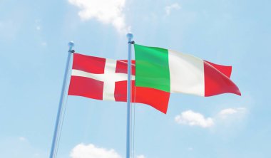 İtalya ve Danimarka, iki bayrak sallayarak karşı mavi gökyüzü. 3D görüntü