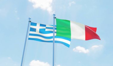 İtalya ve Yunanistan, iki bayrak sallayarak karşı mavi gökyüzü. 3D görüntü