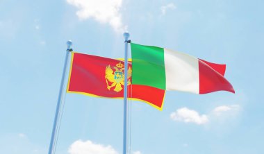 İtalya ve Karadağ, iki bayrak sallayarak karşı mavi gökyüzü. 3D görüntü