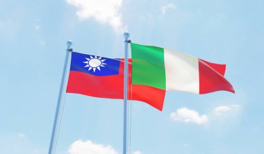 İtalya ve Tayvan, iki bayrak sallayarak karşı mavi gökyüzü. 3D görüntü