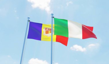 İtalya ve Andorra, iki bayrak sallayarak karşı mavi gökyüzü. 3D görüntü