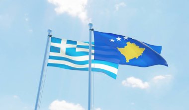 Kosova ve Yunanistan, iki bayrak sallayarak karşı mavi gökyüzü. 3D görüntü