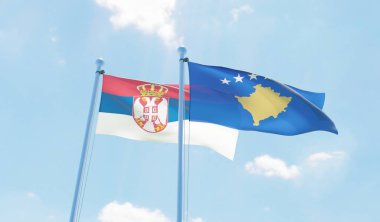 Kosova ve Sırbistan, iki bayrak sallayarak karşı mavi gökyüzü. 3D görüntü