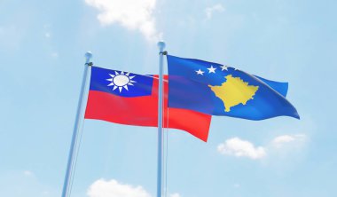 Kosova ve Tayvan, iki bayrak sallayarak karşı mavi gökyüzü. 3D görüntü