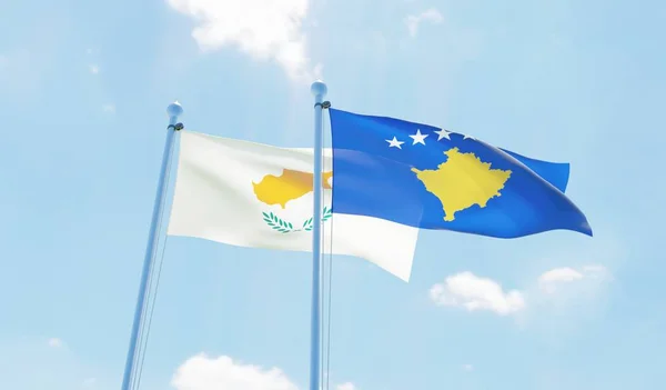 Kosova Kıbrıs Iki Bayrak Sallayarak Karşı Mavi Gökyüzü Görüntü — Stok fotoğraf