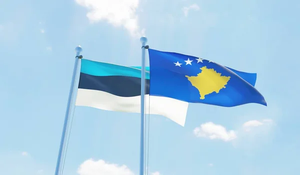 Kosova Estonya Iki Bayrak Sallayarak Karşı Mavi Gökyüzü Görüntü — Stok fotoğraf