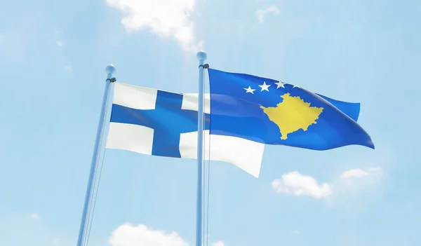 Kosova Finlandiya Iki Bayrak Sallayarak Karşı Mavi Gökyüzü Görüntü — Stok fotoğraf
