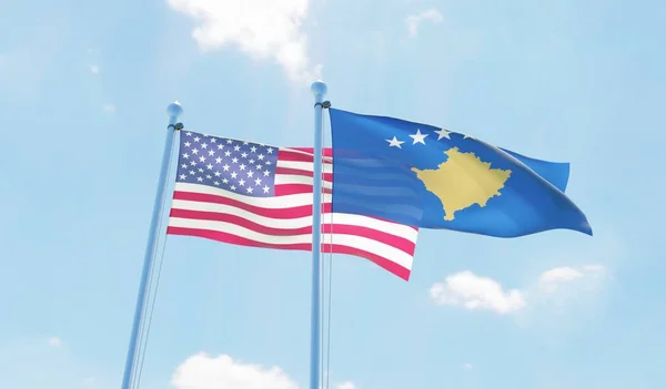Kosovo Estados Unidos Dos Banderas Ondeando Contra Cielo Azul Imagen —  Fotos de Stock