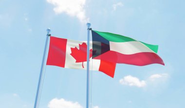 Kuveyt ve Kanada, iki bayrak sallayarak karşı mavi gökyüzü. 3D görüntü