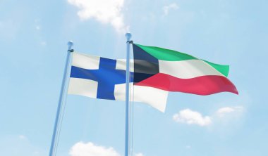 Kuveyt ve Finlandiya, iki bayrak sallayarak karşı mavi gökyüzü. 3D görüntü