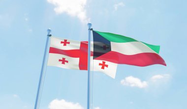 Kuveyt ve Georgia, iki bayrak sallayarak karşı mavi gökyüzü. 3D görüntü