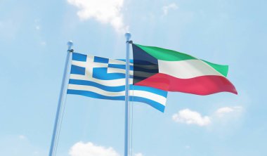 Kuveyt ve Yunanistan, iki bayrak sallayarak karşı mavi gökyüzü. 3D görüntü