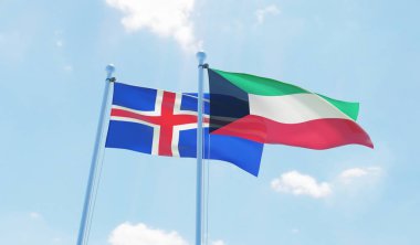 Kuveyt ve İzlanda, iki bayrak sallayarak karşı mavi gökyüzü. 3D görüntü