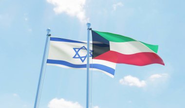 Kuveyt ve İsrail, iki bayrak sallayarak karşı mavi gökyüzü. 3D görüntü